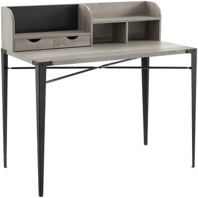 42" Grey Wash Industrial Secretary Desk with Hutch and Drawers