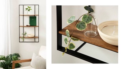 Gold and White Modern Floating Wall Shelf with Wooden Tiers