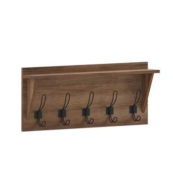 Emma and Oliver Rustic Country Wall Mounted Entryway Shelf with 5 Rustic Hooks and Wood Construction