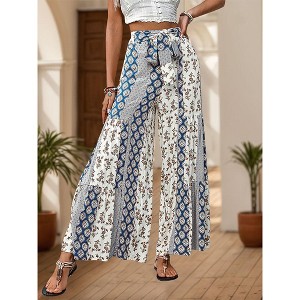 Women's Summer Casual Boho Palazzo Pants High Waist Lace-up Flowy Wide leg Pants With Ethnic Style Lounge Trousers - 1 of 4