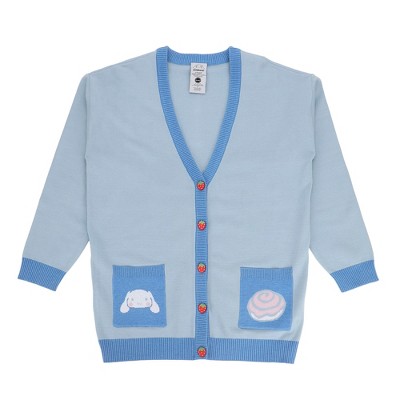Cinnamoroll Character Face & Cinnamon Roll Women’s Blue Long Sleeve Cardigan Sweater