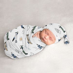 Sweet Jojo Designs Boy Baby Cocoon and Beanie Hat Swaddle Wrap Vintage Airplane Green Blue and Yellow 2pc - 1 of 4