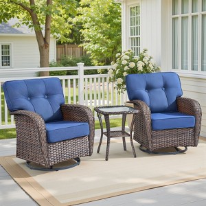 Buenhomino 3 Pieces Patio Furniture Set, Outdoor Swivel Rocker Patio Chairs, Wicker Patio Bistro Set with 5" Thickened Cushions and Glass Coffee Table - 1 of 4