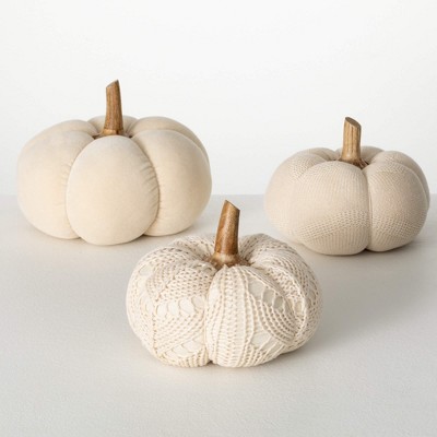 6.25"H  6.25"H & 7.75"H Sullivans Boho Cream Plush Pumpkin Set of 3  Cream