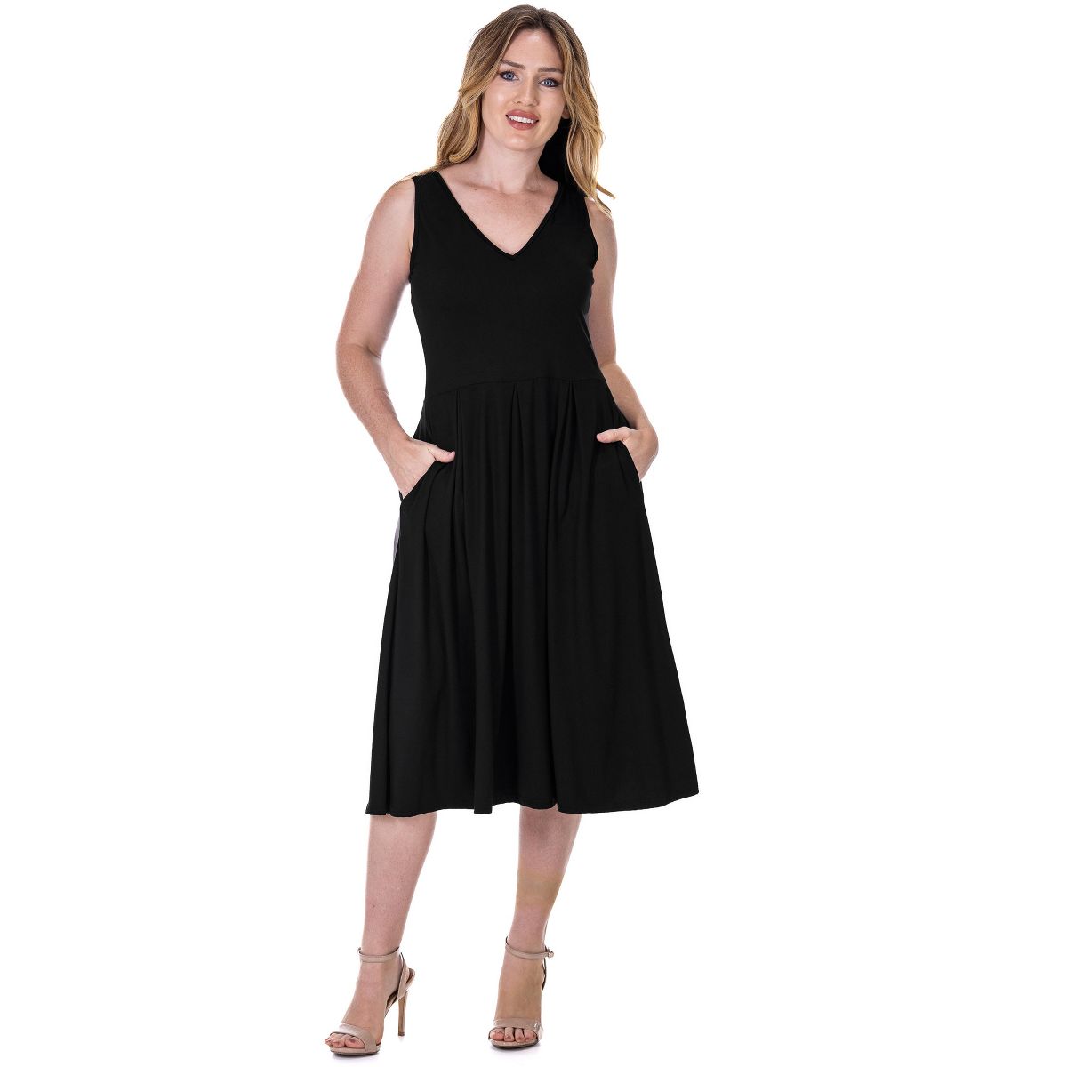Womens V-Neck Sleeveless Pleated Fit N Flare Pocket Midi Dress - 24seven Comfort Apparel™