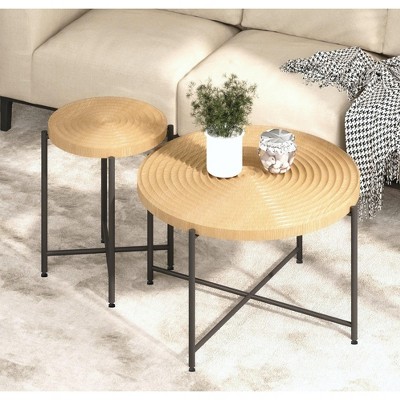 NicBex Natural 2-Piece Round Coffee Table & End Table Set,Distressed Wood Design & Black Metal Legs,Center Table for Living Room