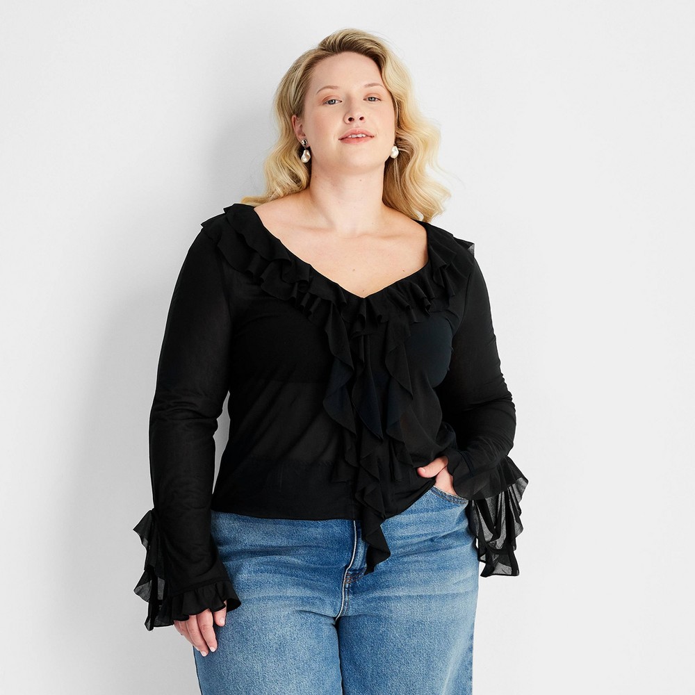 Women's Ruffle Long Sleeve V-Neck Blouse - Future Collective Black 1X