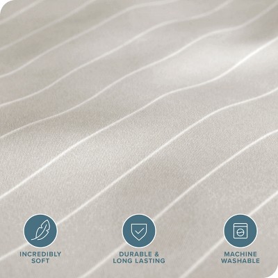 Queen Pinstripe Stone and White Microfiber Duvet Cover Set