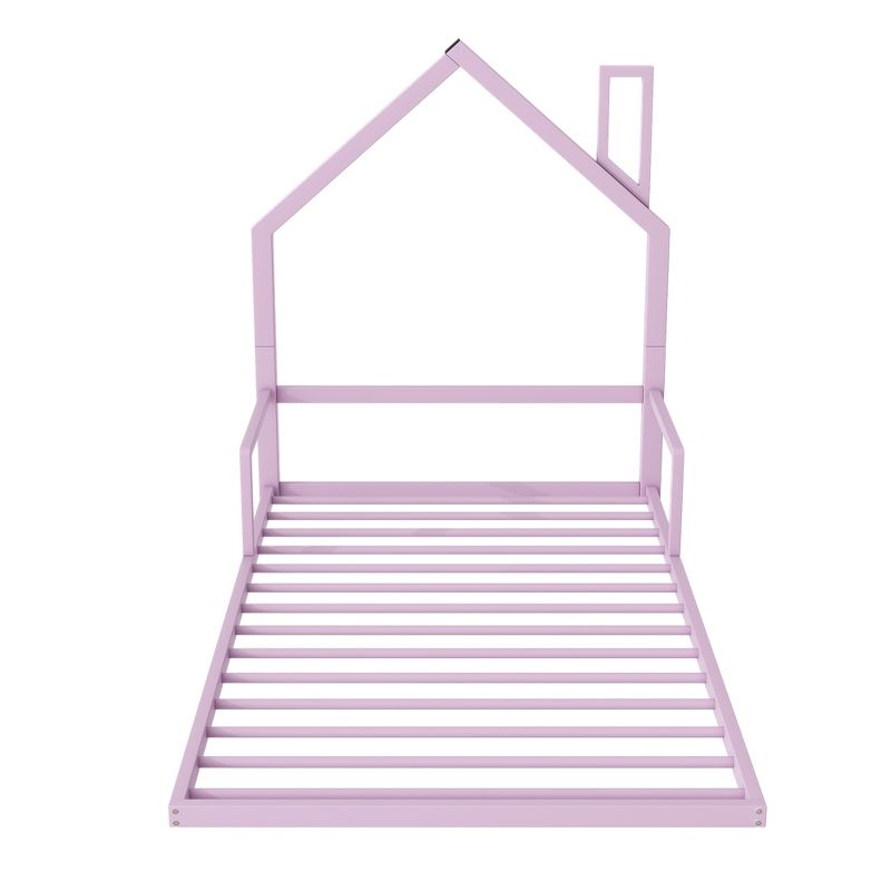 Full/Twin Size Metal Floor Bed with House-shaped Headboard, Pink/White, 4A -ModernLuxe, 5 of 10