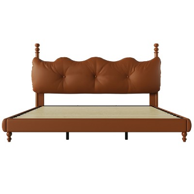 California King Coffee Faux Leather Upholstered Bed with Tufted Headboard