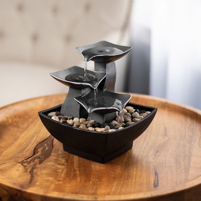 Nature Spring Tabletop Water Fountain With 3 Raku Bowls, River Rocks, and Electric Pump - 7", Silver and Black