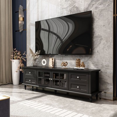 Famapy Media Console with Glass Doors Drawer Storage for Living Room TV Stand