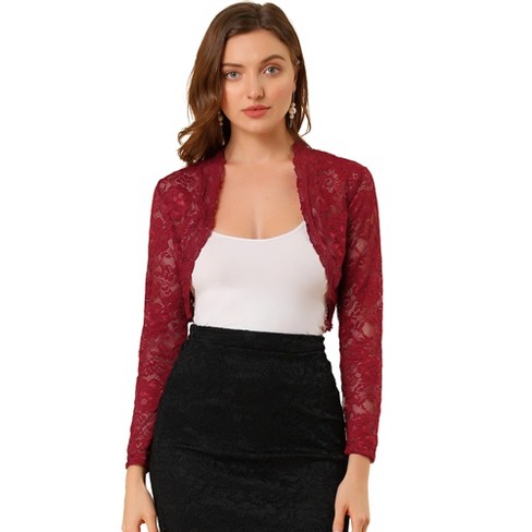 Allegra K Women's Crop Scalloped Hem Floral Lace Sheer Long Sleeve Shrugs  Dark Red Medium : Target