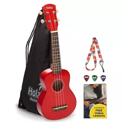 Hola! Music Color Series Soprano Ukelele Set for Beginners with Canvas Tote Bag, Strap with Hook, & Various Size Picks, Red