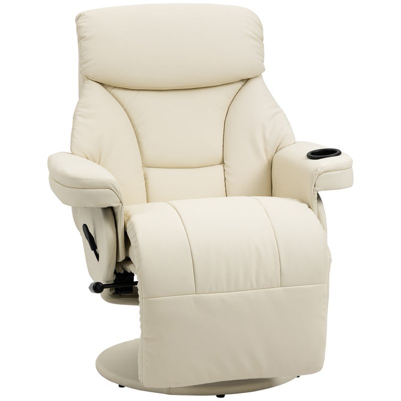 HOMCOM Manual Recliner, Swivel Lounge Armchair with Side Pocket, Footrest and Cup Holder for Living Room, Cream White, 1 of 7