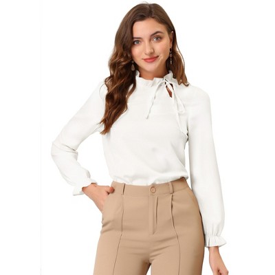 INSPIRE CHIC Women's Elegant Long Sleeve Ruffle Tie Neck Business Work Top