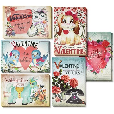 Sustainable Greetings 36 Pack Vintage Valentine's Day Cards with Envelopes, 6 Animal Designs, 4 x 6 in