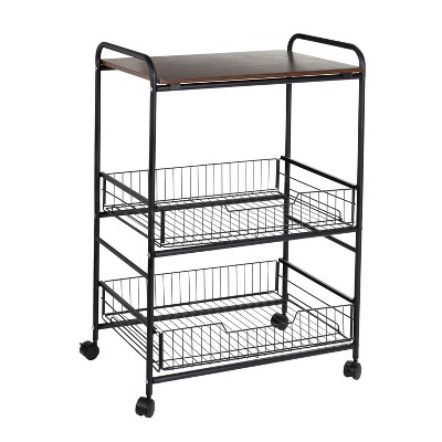 Honey-Can-Do 3 Tier Kitchen Cart with Pull-Out Baskets: Black Steel Frame, MDF Surface, Kitchen Island with Wheels
