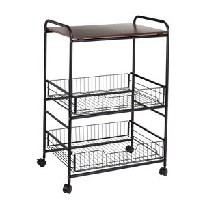 Honey-Can-Do 3 Tier Kitchen Cart with Pull-Out Baskets: Black Steel Frame, MDF Surface, Kitchen Island with Wheels - 1 of 4