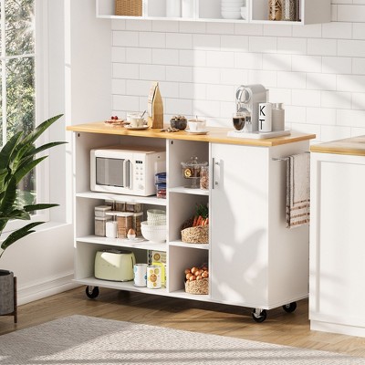 Celebalcony Kitchen Island on Wheels with Storage Cabinet & Drawer, 47.2" Large Kitchen Cabinet with Open Shelves, Portable Islands for Kitchen