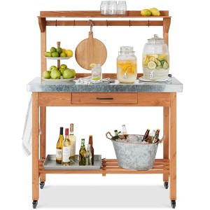 Best Choice Products Mobile Outdoor Table and Storage Cabinet w/ Hooks, 4 Wheels, Stainless Steel Top - Stained Brown - 1 of 4