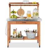 Best Choice Products Mobile Outdoor Table and Storage Cabinet w/ Hooks, 4 Wheels, Stainless Steel Top - Stained Brown