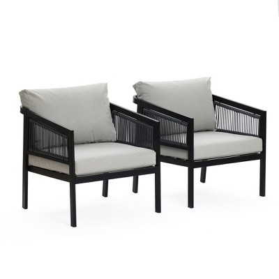 LuxenHome Outdoor Black Steel with PE Rope Armchairs with Cushions, Set of 2