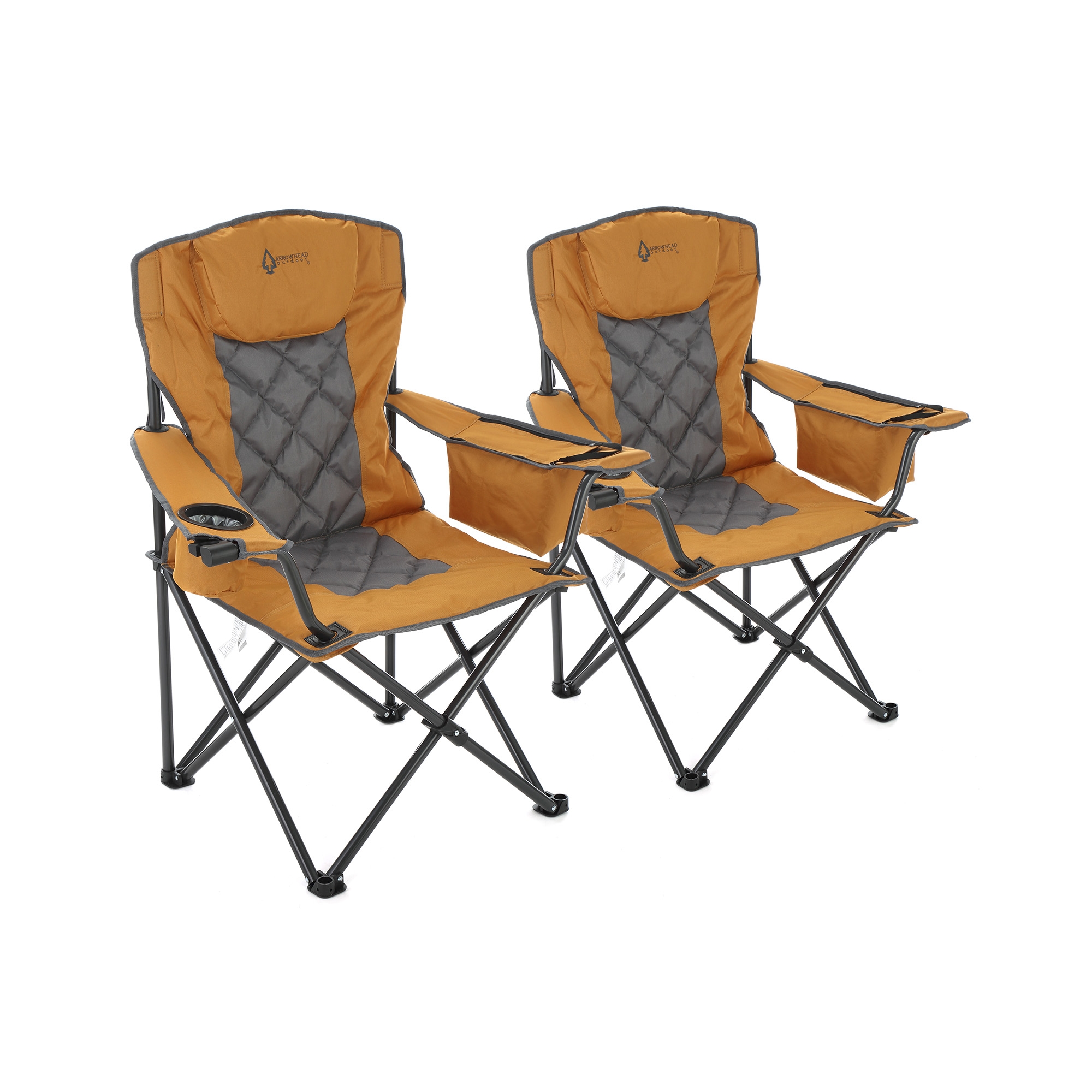ARROWHEAD OUTDOOR 2-Pack Folding Camp Chair w/ Headrest, Cup & Wine Glass Holder, Armrest 6-can Cooler, Carry Bag, 550 lbs Capacity (Workwear Tan)