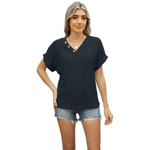 Clearlove Women's Tops and Blouses Spring Summer Button Hooded Loose Short Sleeve Long Undershirt - 1 of 4