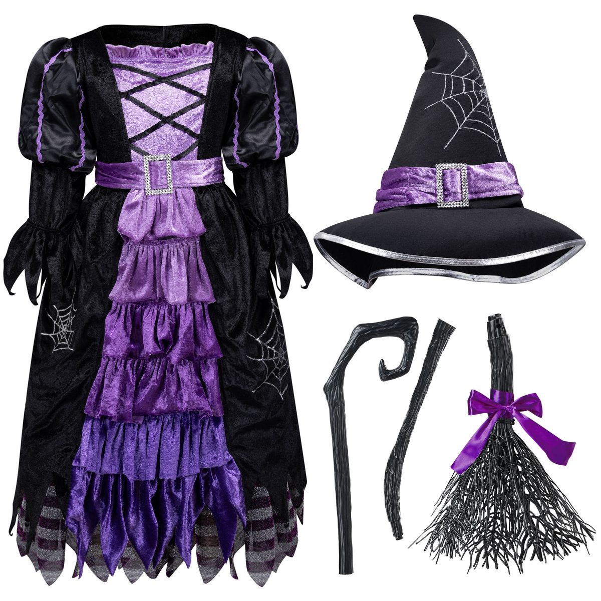 Joyfy Halloween Fairytale Witch Costume for Girls – Deluxe Set with Broom, Hat & Dress (Magic-Themed!) - thumbnail 3