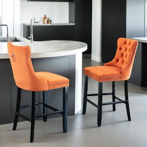 Counter Height Bar Stools Set of 2, Velvet Upholstered Dining Chairs with Nailhead Trim, Wooden Legs, Button Tufted Decor - Leovsnove - 1 of 4