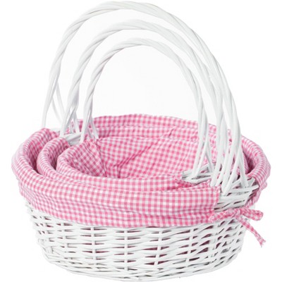 Wickerwise White Round Willow Gift Basket, With Pink And White Gingham ...