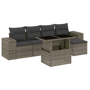 vidaXL 6 Piece Patio Sofa Set with Cushions Gray Poly Rattan - without storage - 1 of 4