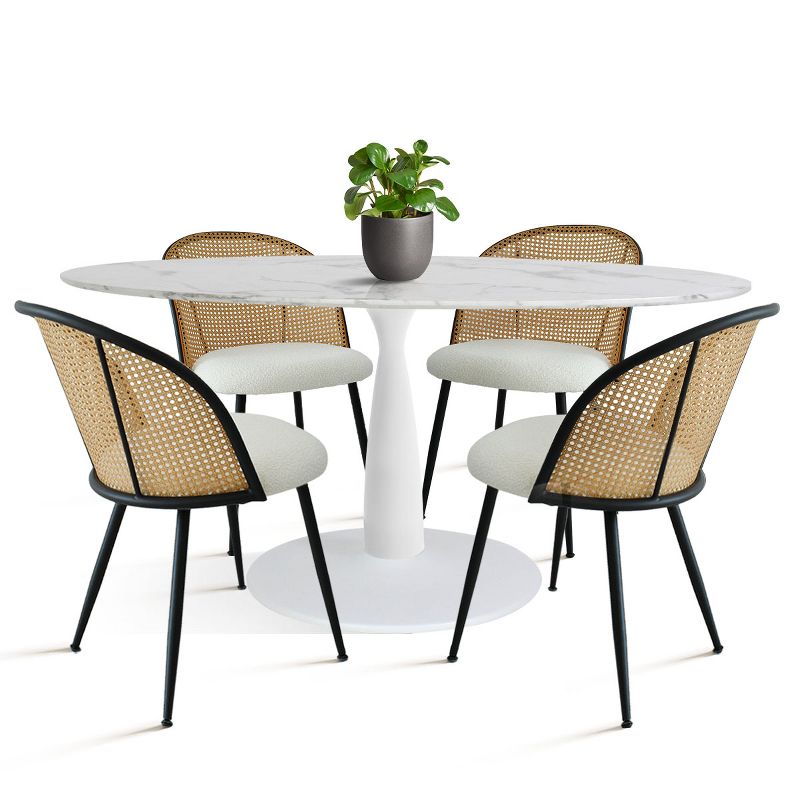 Modern Oval Dining Table Set For 4,Artificial Top Oval Dining Table with 59" and 4 White Bouclé Fabric Mesh Rattan Backrest Chair-Maison Boucle, 3 of 8