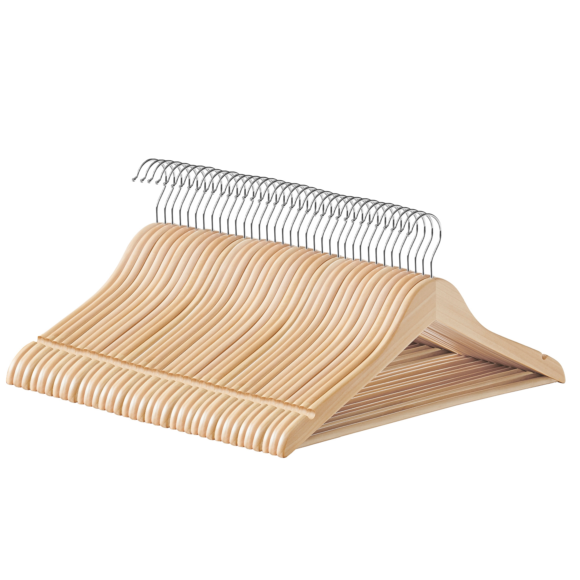 SONGMICS Wooden Hangers, Pack of 36, Coat Hangers, Non-Slip, Pants Bar, 360° Swivel Hooks, Natural Beige