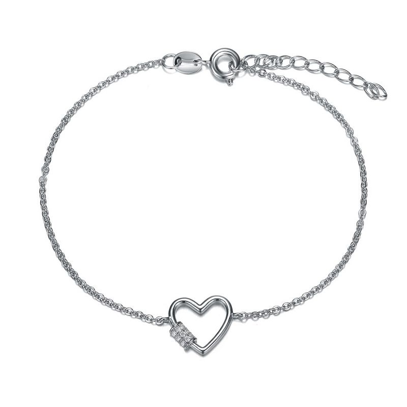 Gleaming Brilliance: Radiant Rhodium Plated Cubic Zirconia Heart Adjustable Bracelet, Sparkling with Timeless Elegance and Versatility., 1 of 4