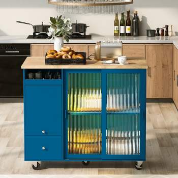 Kitchen Island with Drop Leaf and LED Light, Kitchen Island Cart with 2 Fluted Glass Doors, 1 Flip Cabinet Door and 2 Drawers - ModernLuxe