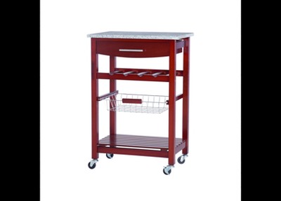 Gray Granite Top Kitchen Cart with Wine and Spice Rack