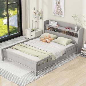 BABYYER Wood Twin Size Bed Frame with Storage Headboard and Safety Guardrail, Platform Bed for Boys Girls, No Box Spring Needed - 1 of 4