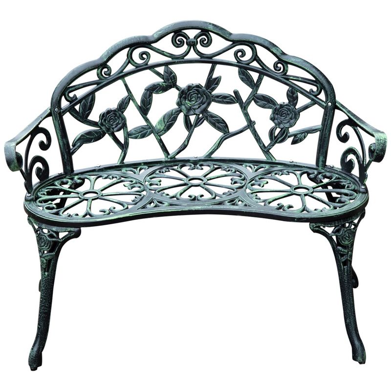 Outsunny Outdoor Bench, Cast Aluminum Outdoor Furniture, Metal Bench with Floral Rose Accent & Antique Finish, Green, 5 of 9