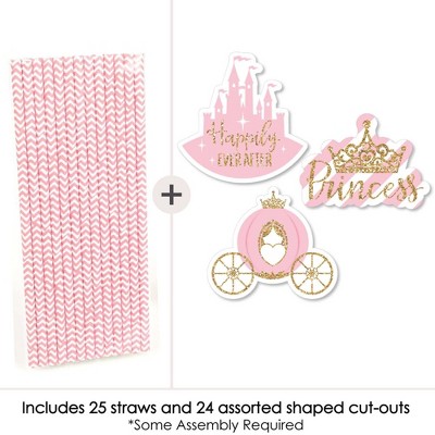 25 PRINCESS AND CROWN PAPER STRAWS PARTY TABLE DECORATIONS PINK FAIRYTALE
