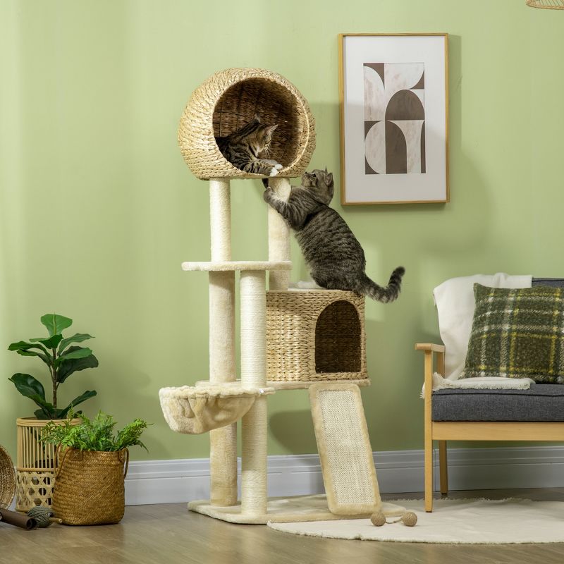 PawHut 59 Inch Cat Tree for Indoor Cats, Cat Tower with Cat Condo, Hammock, Perches, Scratching Posts, Ramp for Large Cats, Beige, 2 of 7