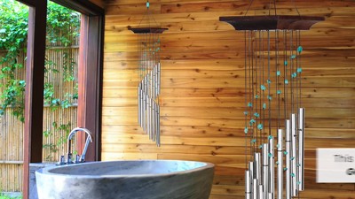 Turquoise and Silver Mystic Spiral Wind Chime with Teak Wood