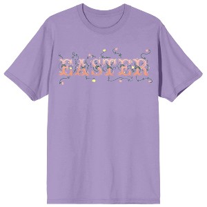 Soft Petal Easter Fairy Tale Font with Foliage Women's Lavander Short Sleeve Crew Neck Tee - 1 of 3