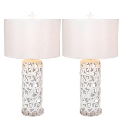 HomeRoots Set of Two 30" White Coastal Starfish Table Lamps With White Drum Shades