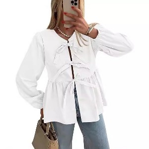 Women's Tie Front Tops Summer Beach Vacation Fashion Outfits Loose Fit Blouses Flowy Pleated Hem Long Lantern Sleeve Clothes - 1 of 4