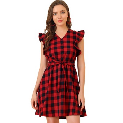 Allegra K Women's Casual Ruffled Sleeve A-Line Vintage Gingham Check Dress