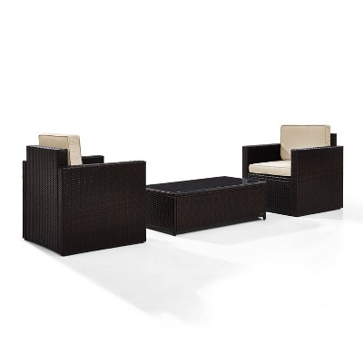 Palm Harbor 3pc Outdoor Wicker Seating Set - Sand - Crosley: All-Weather, UV-Resistant with Tempered Glass Table