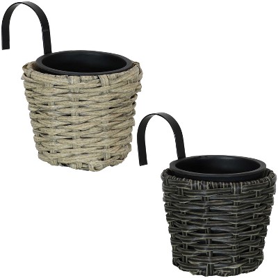 Sunnydaze Modern Round Polyrattan Indoor/Outdoor Over-the-Rail Planter - 5.25" Diameter - Mist and Charcoal - 2-Piece Set