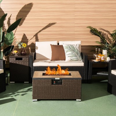 32" Brown PE Rattan Gas Fire Pit Table Set with Side Table